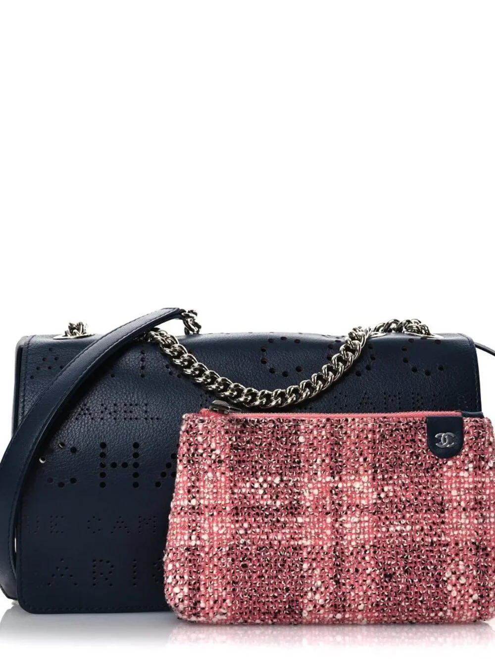 Chanel Calfskin Tweed Zip Top Pouch 2 Piece Eyelet CC Flap Bag Navy Shoulder Bag